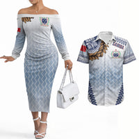 Manu Samoa Rugby Custom White Couples Matching Off The Shoulder Long Sleeve Dress and Hawaiian Shirt ʻIe Toga Pattern With Brown Ula fala