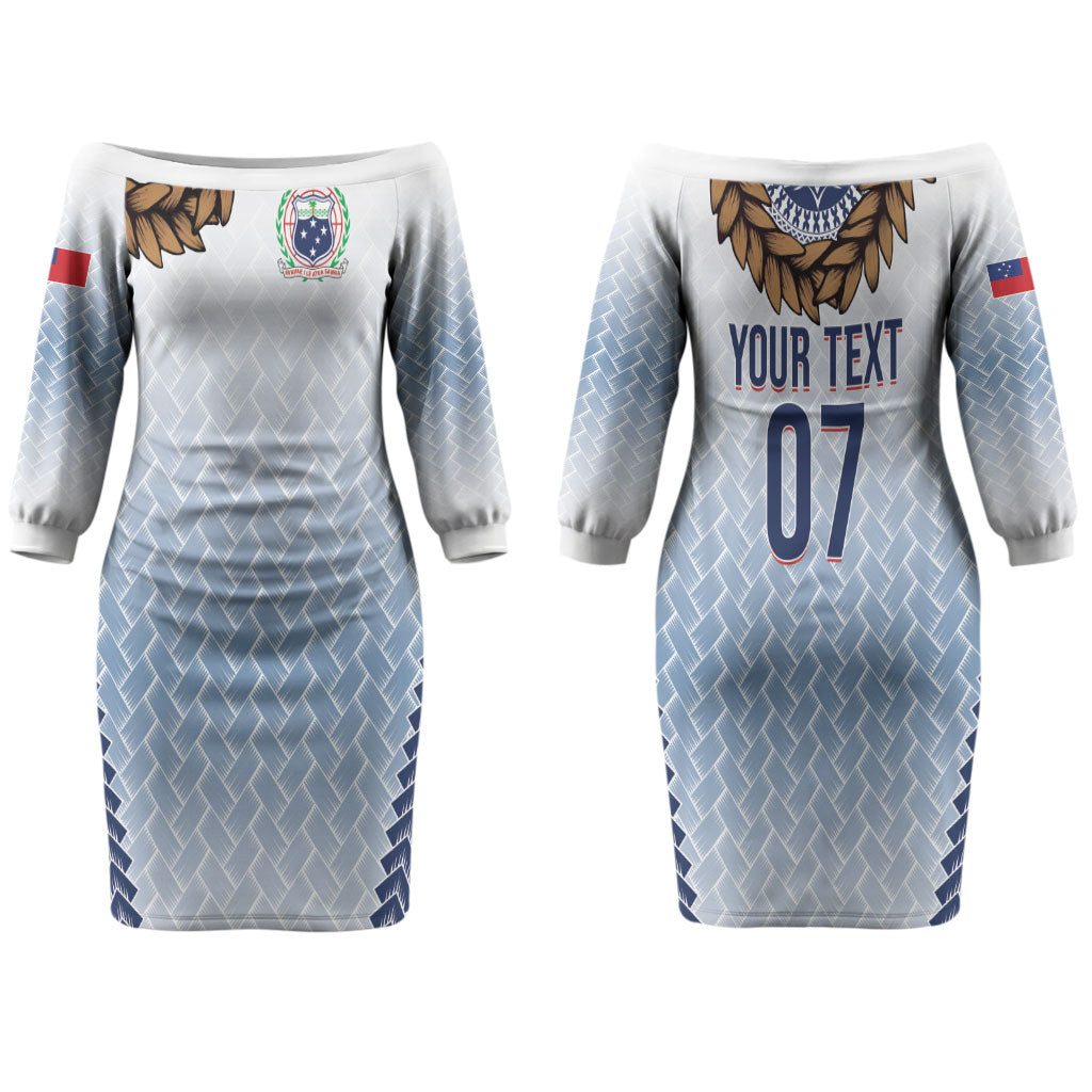 Manu Samoa Rugby Custom White Couples Matching Off The Shoulder Long Sleeve Dress and Hawaiian Shirt ʻIe Toga Pattern With Brown Ula fala