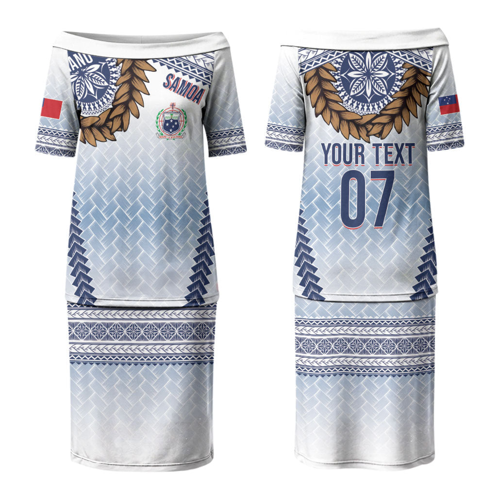 Manu Samoa Rugby Custom White Couples Matching Puletasi and Long Sleeve Button Shirt ʻIe Toga Pattern With Brown Ula fala
