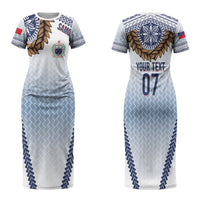 Manu Samoa Rugby Custom White Couples Matching Short Sleeve Bodycon Dress and Hawaiian Shirt ʻIe Toga Pattern With Brown Ula fala