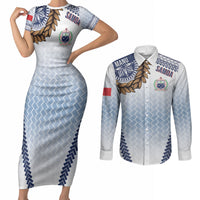 Manu Samoa Rugby Custom White Couples Matching Short Sleeve Bodycon Dress and Long Sleeve Button Shirt ʻIe Toga Pattern With Brown Ula fala