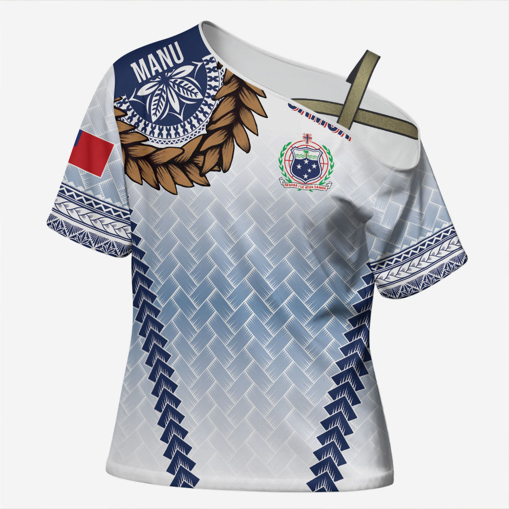 Manu Samoa Rugby Custom White Cross Shoulder Shirt ʻIe Toga Pattern With Brown Ula fala