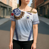 Manu Samoa Rugby Custom White Cross Shoulder Shirt ʻIe Toga Pattern With Brown Ula fala