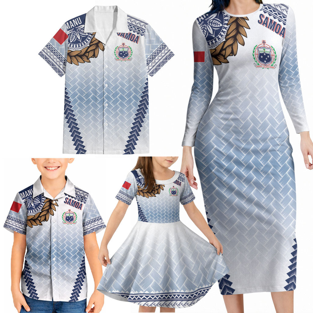 Manu Samoa Rugby Custom White Family Matching Long Sleeve Bodycon Dress and Hawaiian Shirt ʻIe Toga Pattern With Brown Ula fala