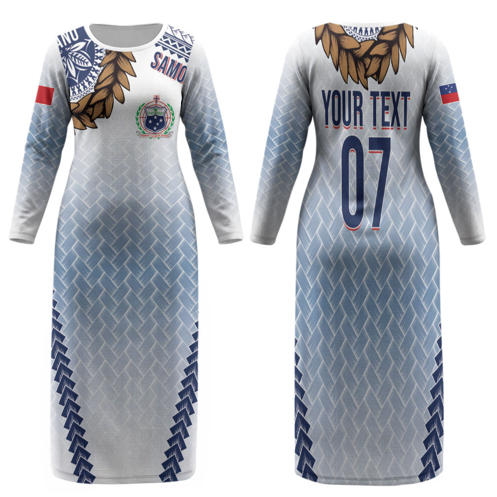 Manu Samoa Rugby Custom White Family Matching Long Sleeve Bodycon Dress and Hawaiian Shirt ʻIe Toga Pattern With Brown Ula fala