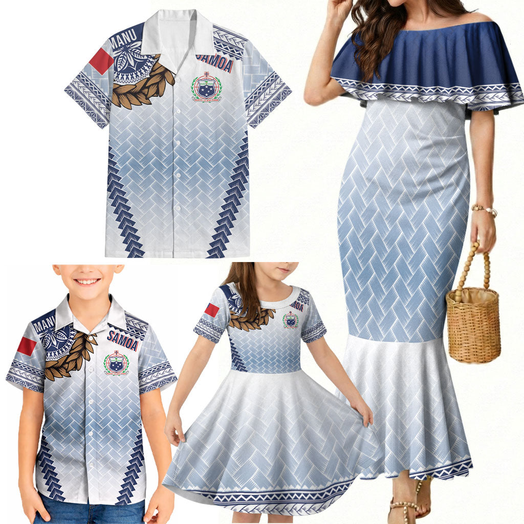 Manu Samoa Rugby Custom White Family Matching Mermaid Dress and Hawaiian Shirt ʻIe Toga Pattern With Brown Ula fala