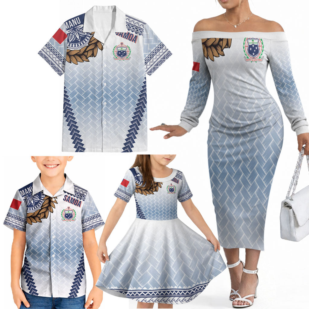 Manu Samoa Rugby Custom White Family Matching Off The Shoulder Long Sleeve Dress and Hawaiian Shirt ʻIe Toga Pattern With Brown Ula fala
