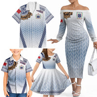 Manu Samoa Rugby Custom White Family Matching Off The Shoulder Long Sleeve Dress and Hawaiian Shirt ʻIe Toga Pattern With Brown Ula fala