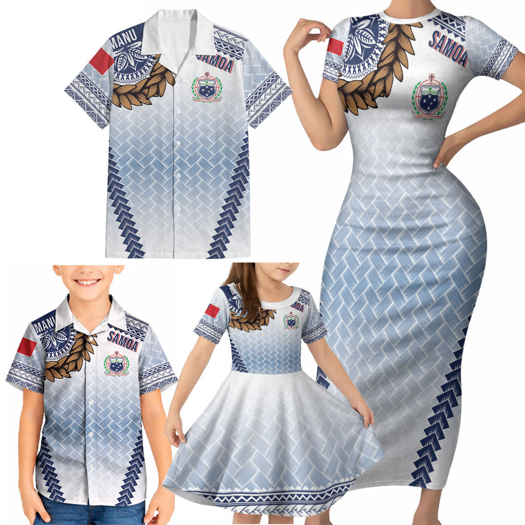 Manu Samoa Rugby Custom White Family Matching Short Sleeve Bodycon Dress and Hawaiian Shirt ʻIe Toga Pattern With Brown Ula fala