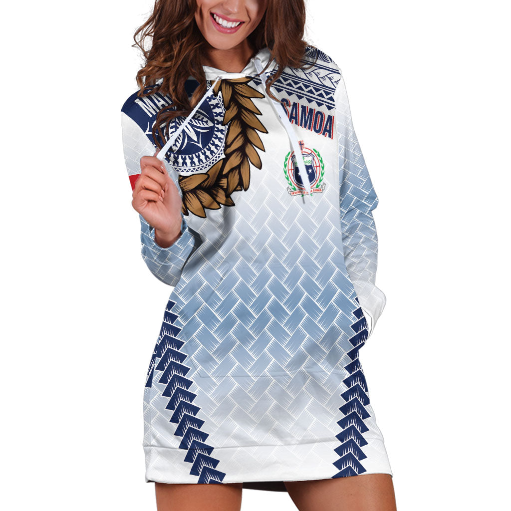 Manu Samoa Rugby Custom White Hoodie Dress ʻIe Toga Pattern With Brown Ula fala