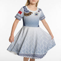 Manu Samoa Rugby Custom White Kid Short Sleeve Dress ʻIe Toga Pattern With Brown Ula fala
