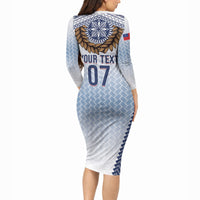 Manu Samoa Rugby Custom White Long Sleeve Bodycon Dress ʻIe Toga Pattern With Brown Ula fala