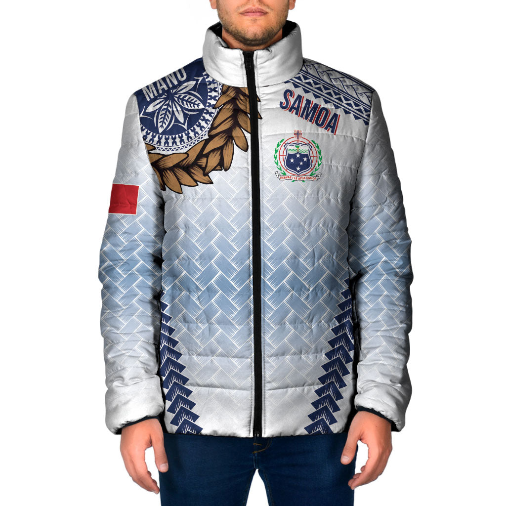 Manu Samoa Rugby Custom White Padded Jacket ʻIe Toga Pattern With Brown Ula fala