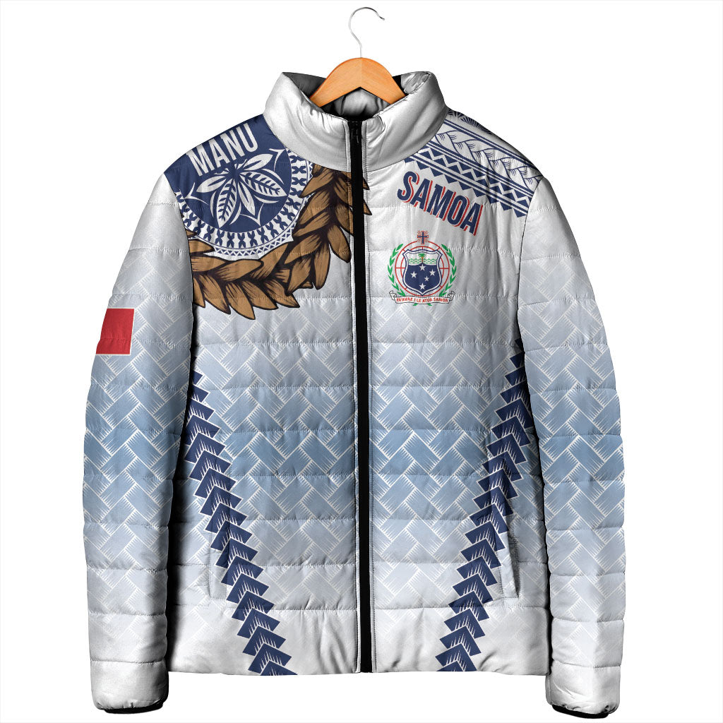 Manu Samoa Rugby Custom White Padded Jacket ʻIe Toga Pattern With Brown Ula fala