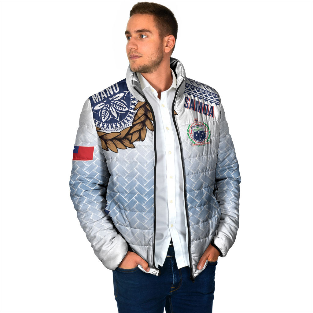 Manu Samoa Rugby Custom White Padded Jacket ʻIe Toga Pattern With Brown Ula fala