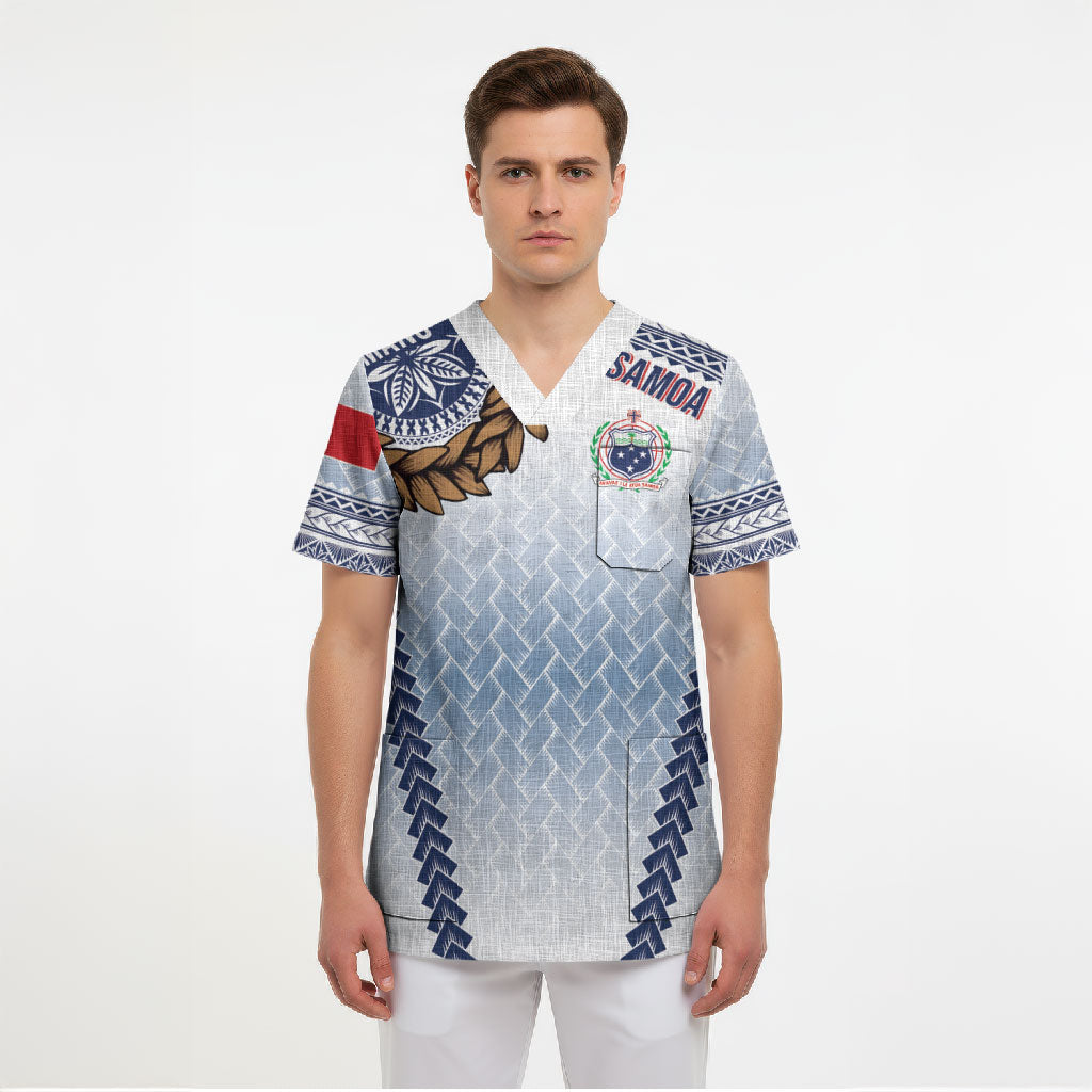 Manu Samoa Rugby Custom White Scrub Top ʻIe Toga Pattern With Brown Ula fala