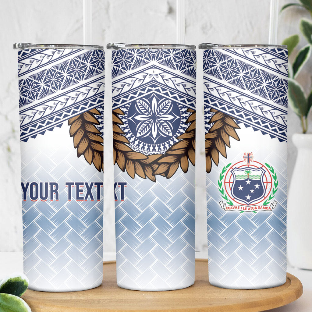 Manu Samoa Rugby Custom White Skinny Tumbler ʻIe Toga Pattern With Brown Ula fala