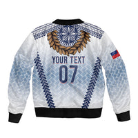Manu Samoa Rugby Custom White Sleeve Zip Bomber Jacket ʻIe Toga Pattern With Brown Ula fala