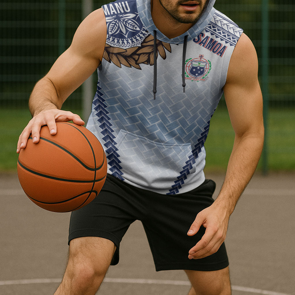 Manu Samoa Rugby Custom White Sleeveless Hoodie ʻIe Toga Pattern With Brown Ula fala