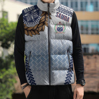 Manu Samoa Rugby Custom White Sleeveless Puffer Jacket ʻIe Toga Pattern With Brown Ula fala