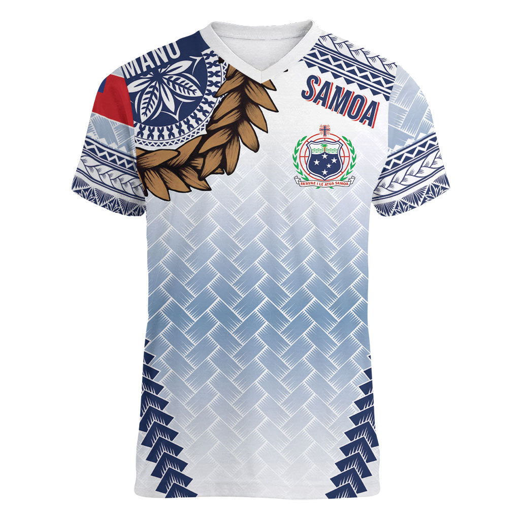Manu Samoa Rugby Custom White Women V-Neck T-Shirt ʻIe Toga Pattern With Brown Ula fala