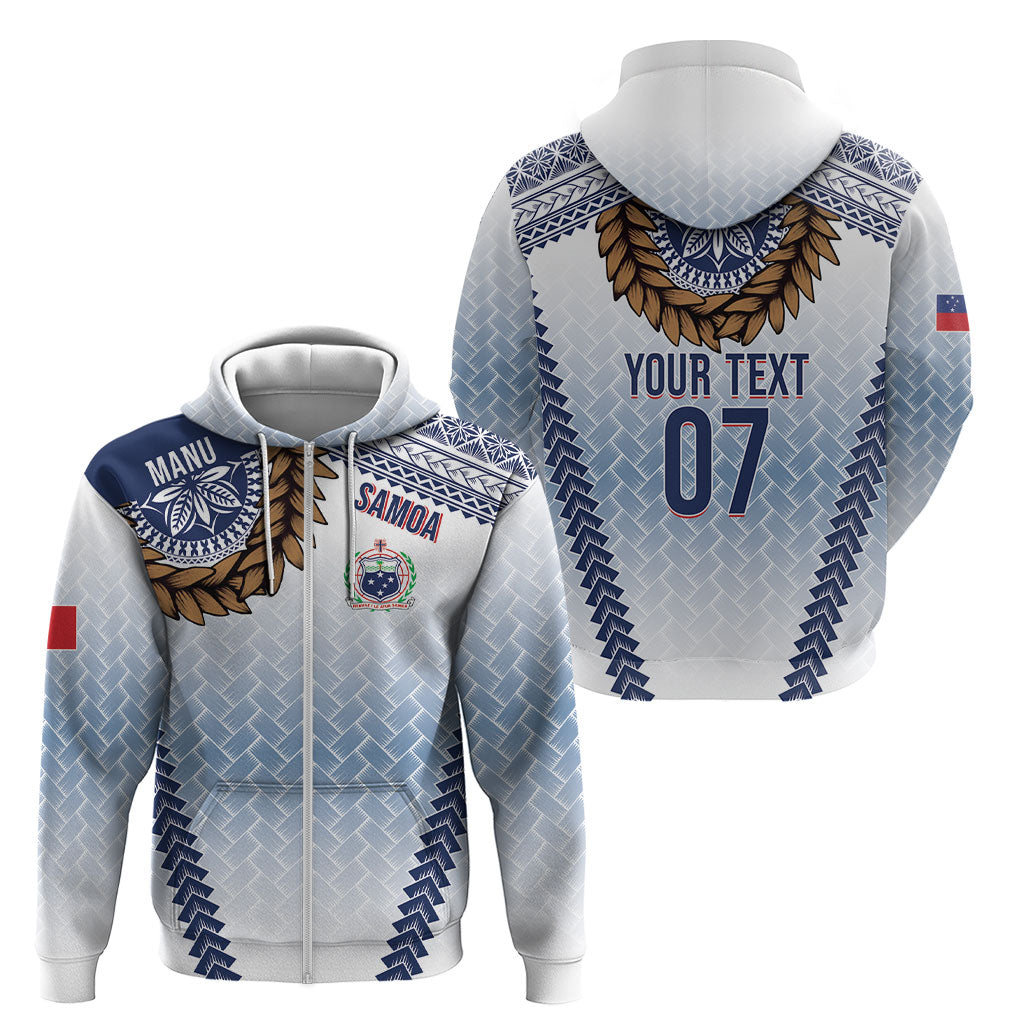 Manu Samoa Rugby Custom White Zip Hoodie ʻIe Toga Pattern With Brown Ula fala