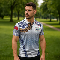 Manu Samoa Rugby Custom White Zipper Polo Shirt ʻIe Toga Pattern With Brown Ula fala