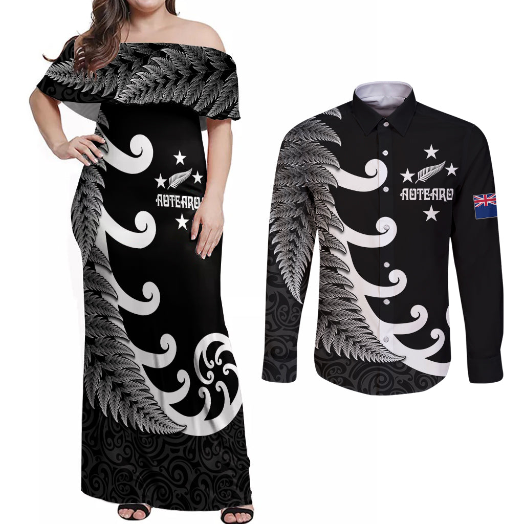 Personalised New Zealand Rugby Couples Matching Off Shoulder Maxi Dress and Long Sleeve Button Shirts Aotearoa Silver Fern Koru Maori Style LT7 Black - Polynesian Pride