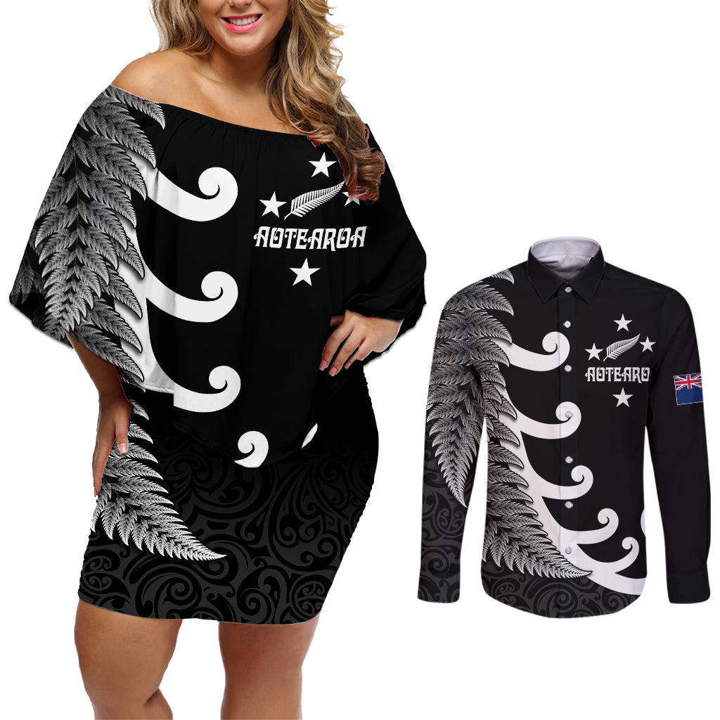 Personalised New Zealand Rugby Couples Matching Off Shoulder Short Dress and Long Sleeve Button Shirts Aotearoa Silver Fern Koru Maori Style LT7 Black - Polynesian Pride