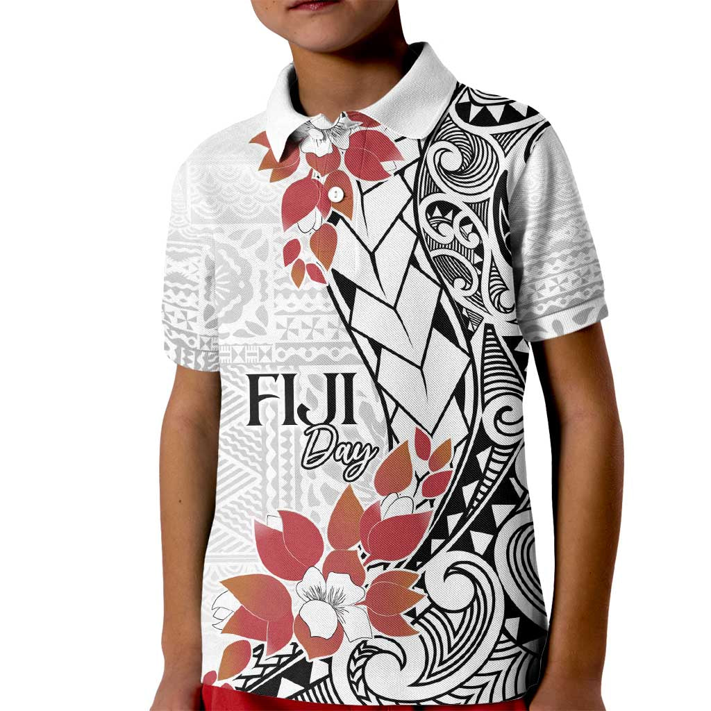 Bula Fiji Day Kid Polo Shirt Tagimaucia on Masi Pattern LT7 Kid White - Polynesian Pride