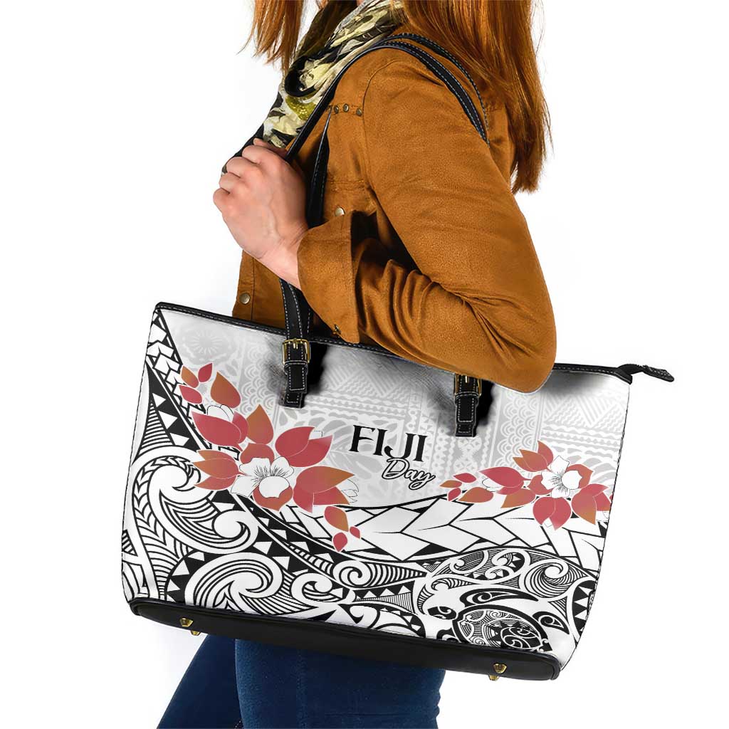 Bula Fiji Day Leather Tote Bag Tagimaucia on Masi Pattern LT7 White - Polynesian Pride