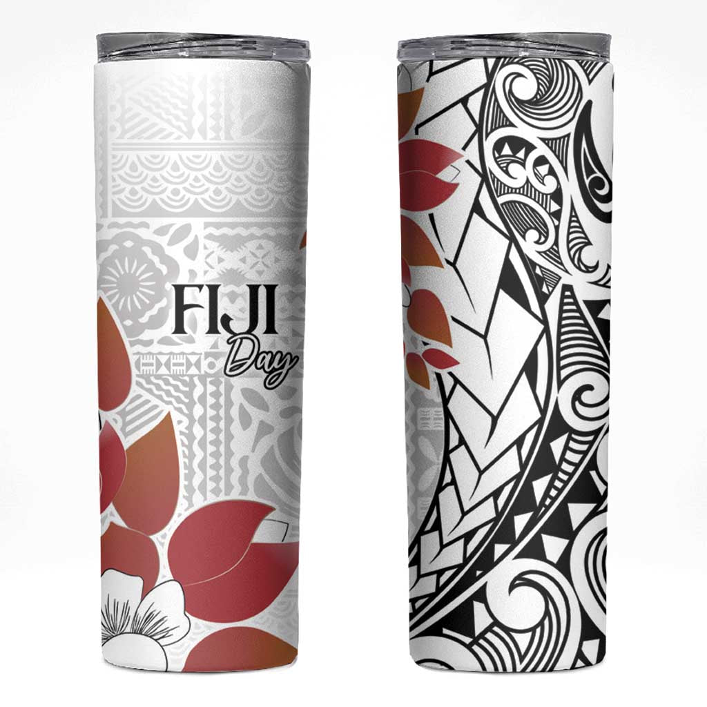 Bula Fiji Day Skinny Tumbler Tagimaucia on Masi Pattern LT7 White - Polynesian Pride