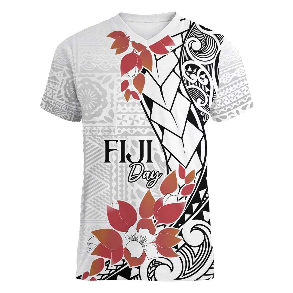 Bula Fiji Day Women V-Neck T-Shirt Tagimaucia on Masi Pattern LT7 Female White - Polynesian Pride