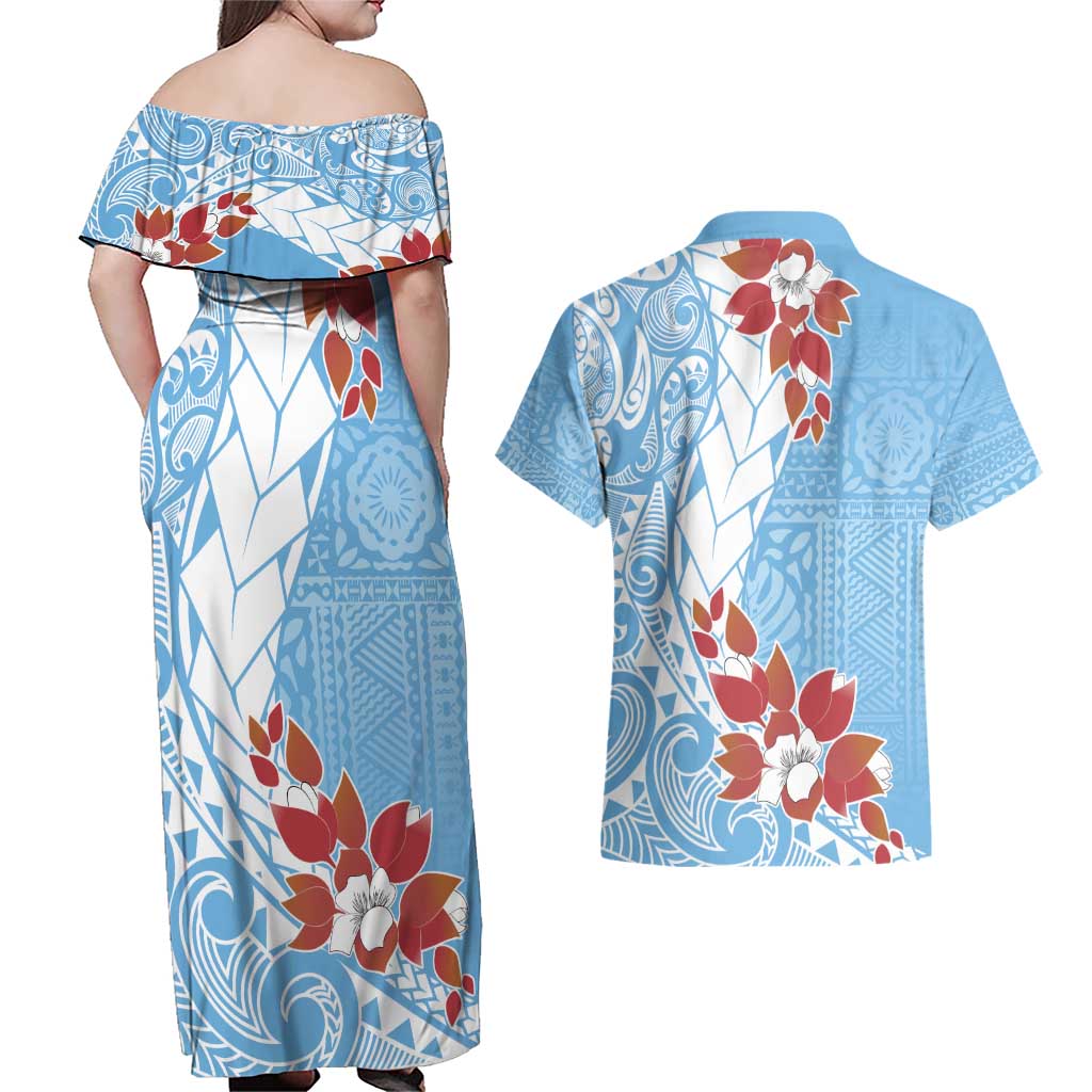 Bula Fiji Day Couples Matching Off Shoulder Maxi Dress and Hawaiian Shirt Tagimaucia on Masi Pattern - Turquoise