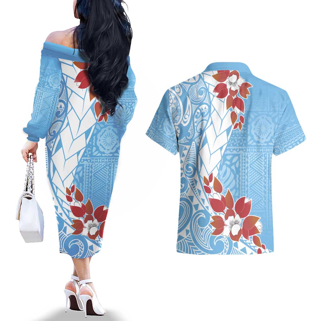 Bula Fiji Day Couples Matching Off The Shoulder Long Sleeve Dress and Hawaiian Shirt Tagimaucia on Masi Pattern - Turquoise