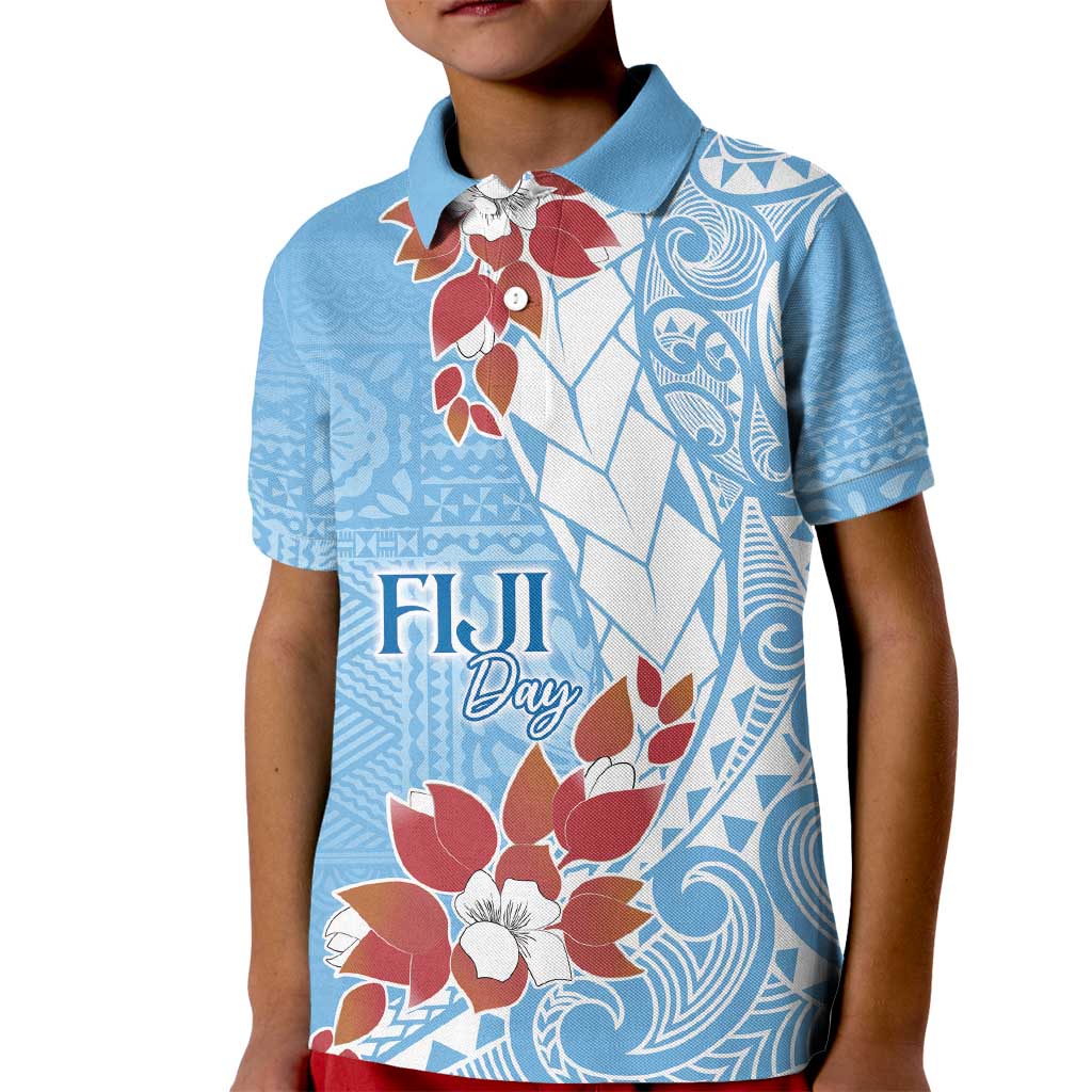 Bula Fiji Day Kid Polo Shirt Tagimaucia on Masi Pattern - Turquoise LT7 Kid Turquoise - Polynesian Pride
