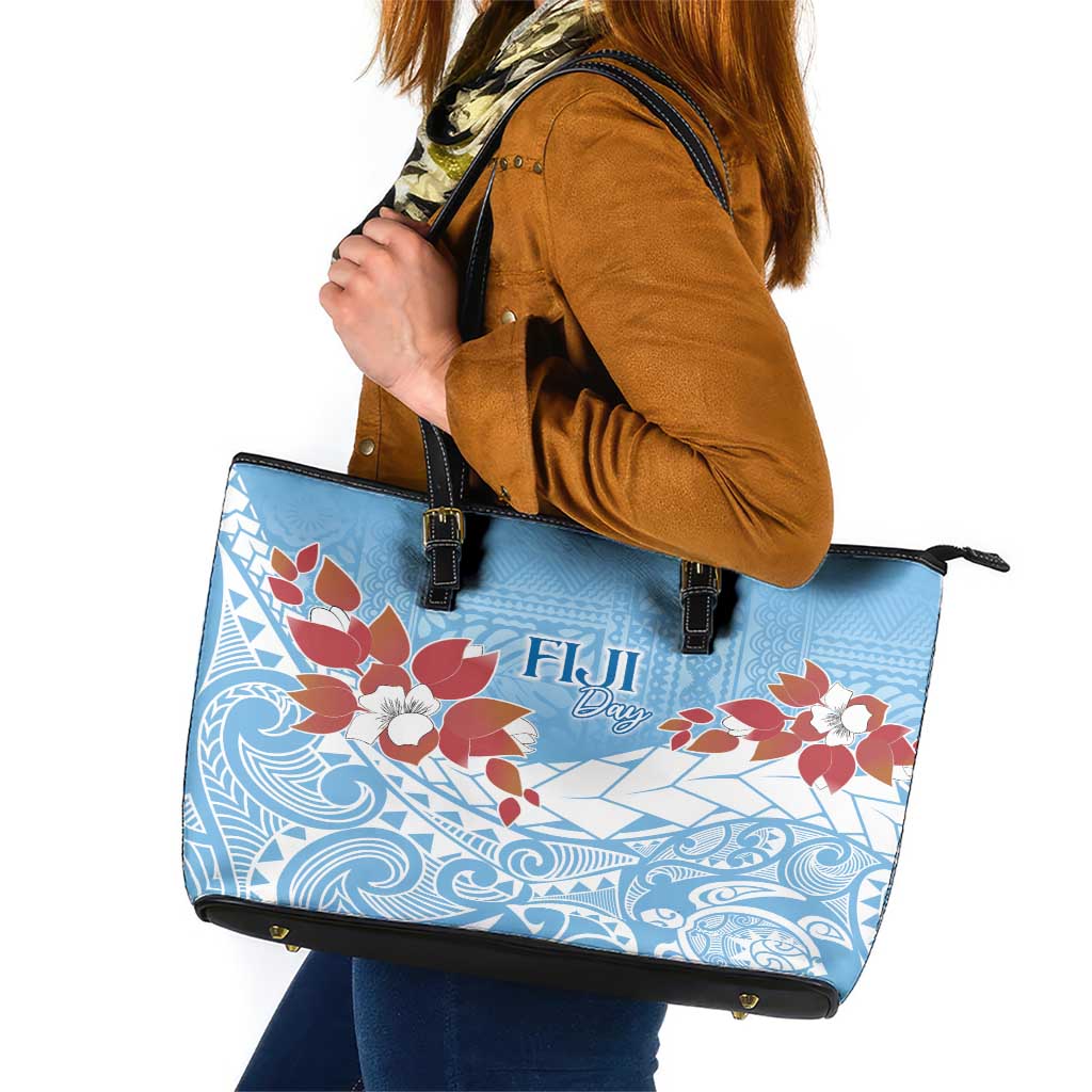 Bula Fiji Day Leather Tote Bag Tagimaucia on Masi Pattern - Turquoise LT7 Turquoise - Polynesian Pride