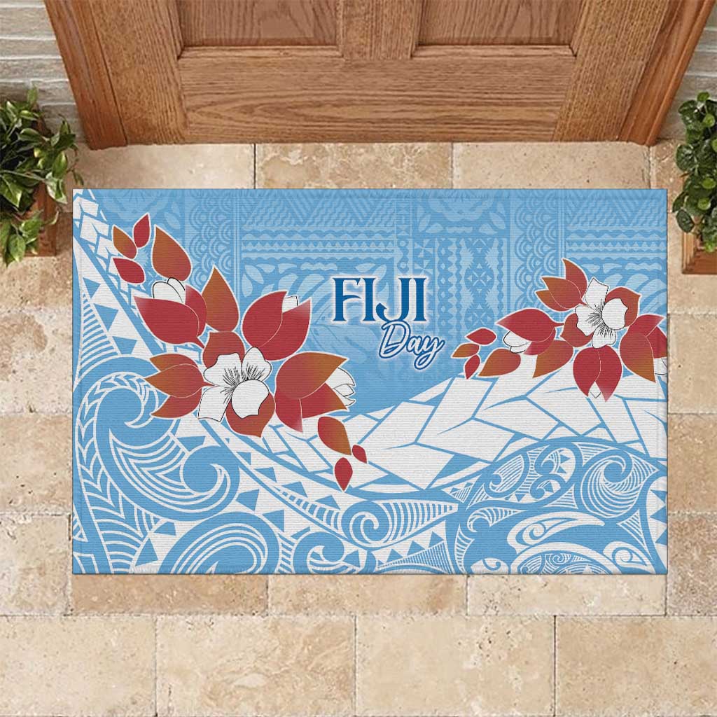 Bula Fiji Day Rubber Doormat Tagimaucia on Masi Pattern - Turquoise LT7 Turquoise - Polynesian Pride