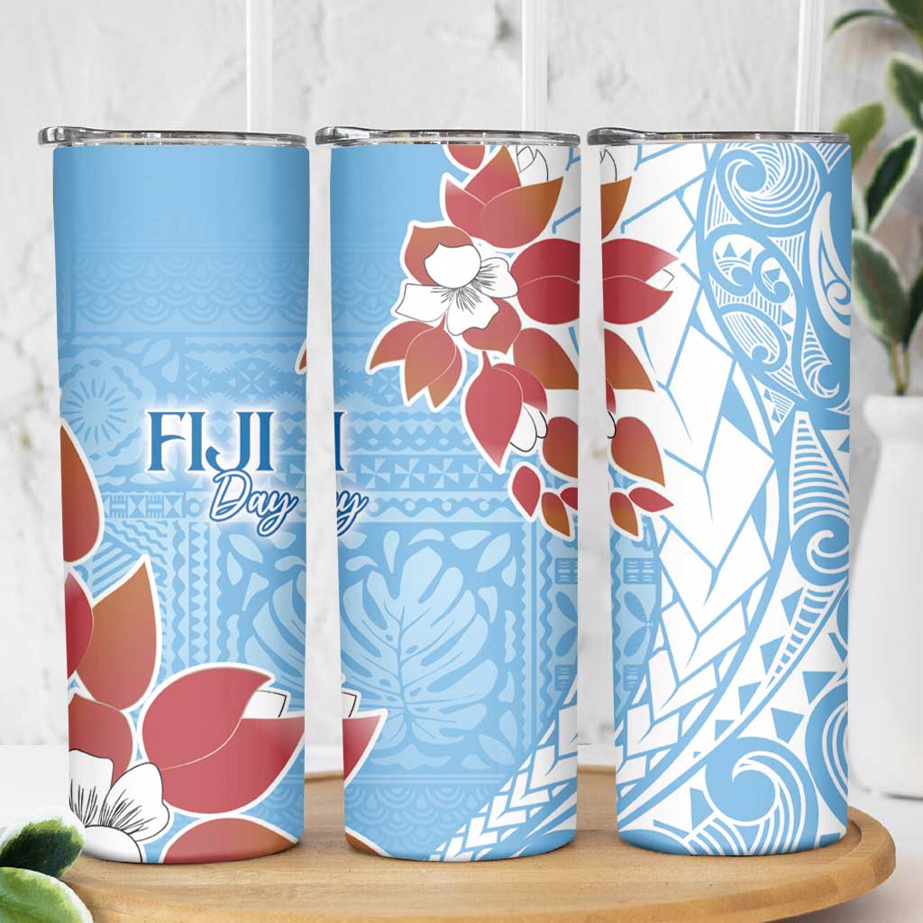 Bula Fiji Day Skinny Tumbler Tagimaucia on Masi Pattern - Turquoise LT7 - Polynesian Pride