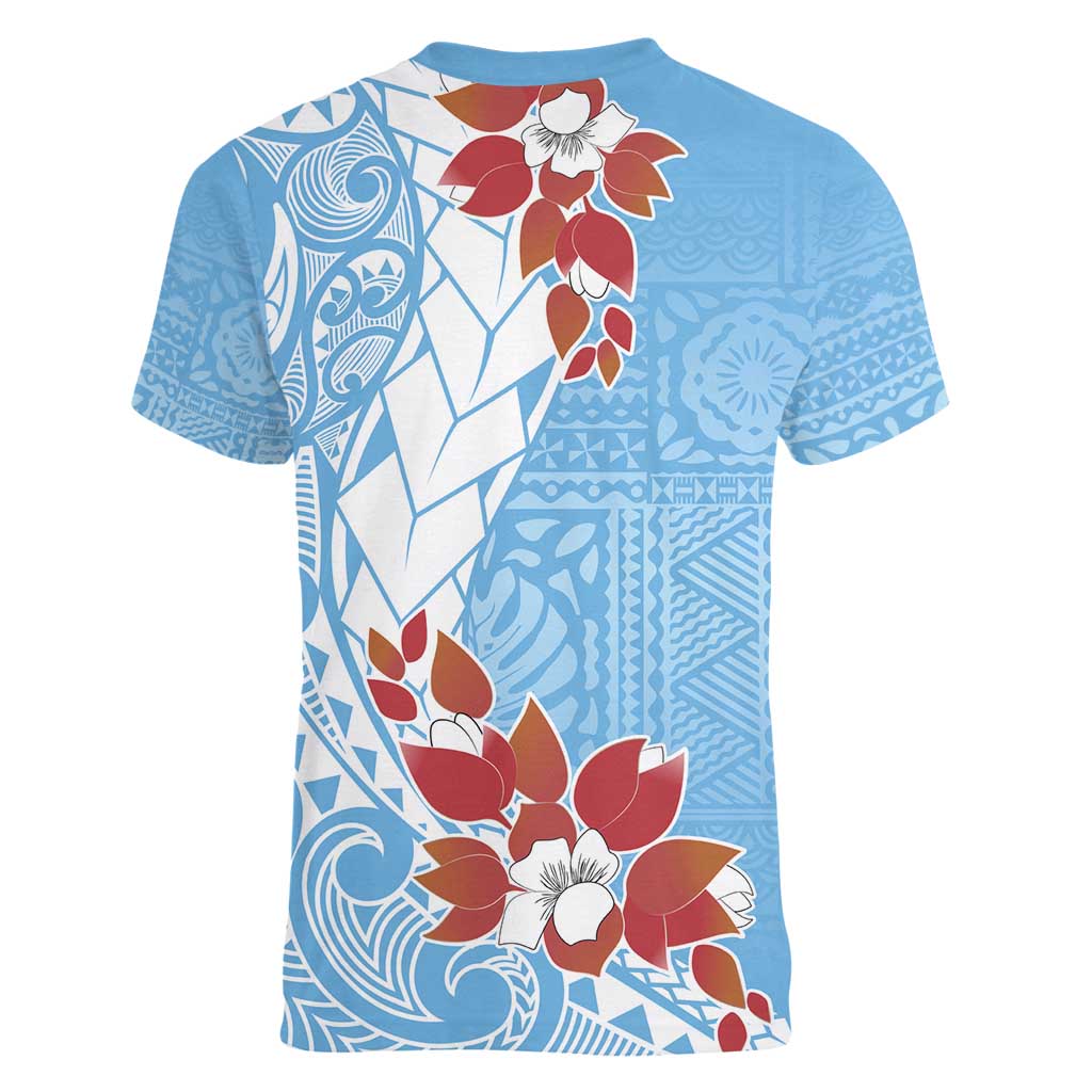 Bula Fiji Day Women V-Neck T-Shirt Tagimaucia on Masi Pattern - Turquoise LT7 - Polynesian Pride