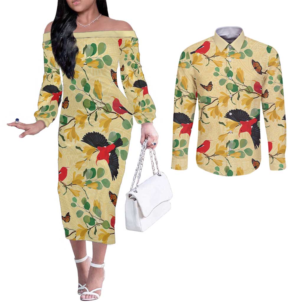 Aloha Hawaii Couples Matching Off The Shoulder Long Sleeve Dress and Long Sleeve Button Shirt I'iwi on Mamane Pastel Cream LT7 Light Yellow - Polynesian Pride