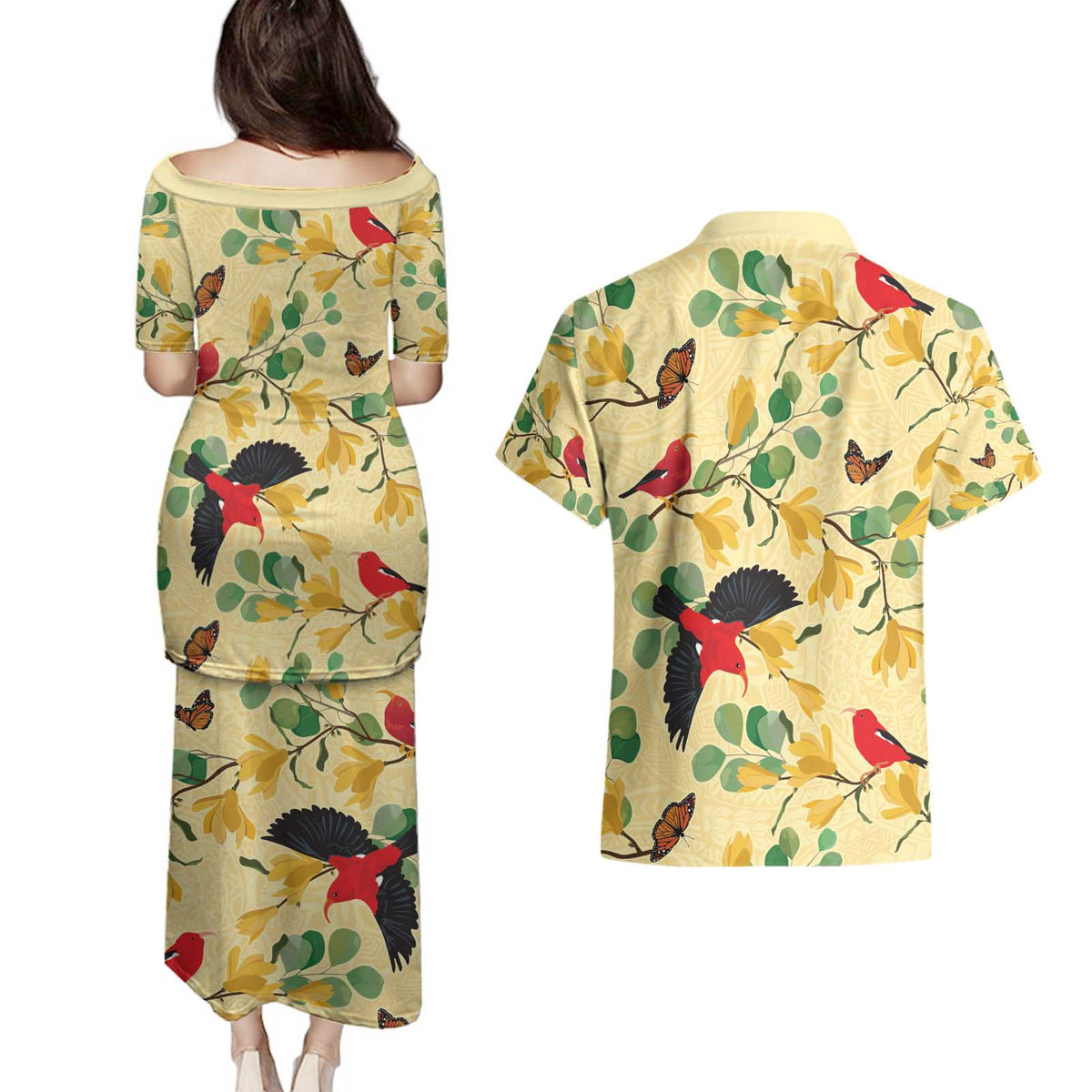 Aloha Hawaii Couples Matching Puletasi and Hawaiian Shirt I'iwi on Mamane Pastel Cream LT7 - Polynesian Pride