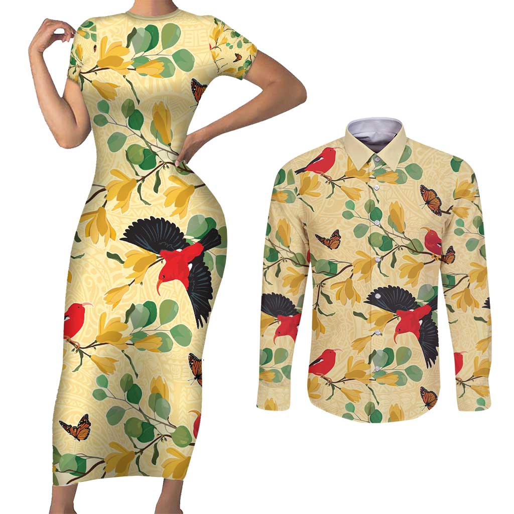 Aloha Hawaii Couples Matching Short Sleeve Bodycon Dress and Long Sleeve Button Shirt I'iwi on Mamane Pastel Cream LT7 Light Yellow - Polynesian Pride