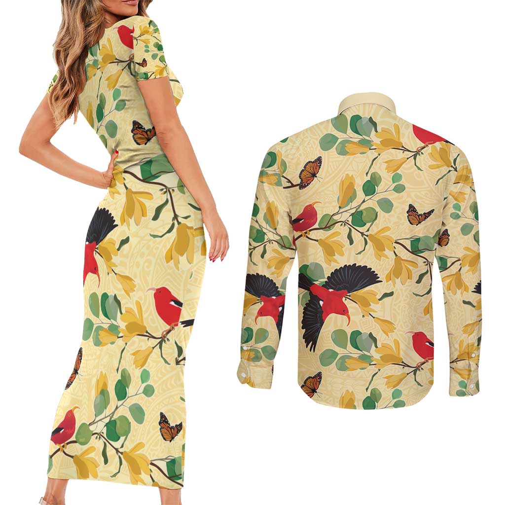 Aloha Hawaii Couples Matching Short Sleeve Bodycon Dress and Long Sleeve Button Shirt I'iwi on Mamane Pastel Cream LT7 - Polynesian Pride