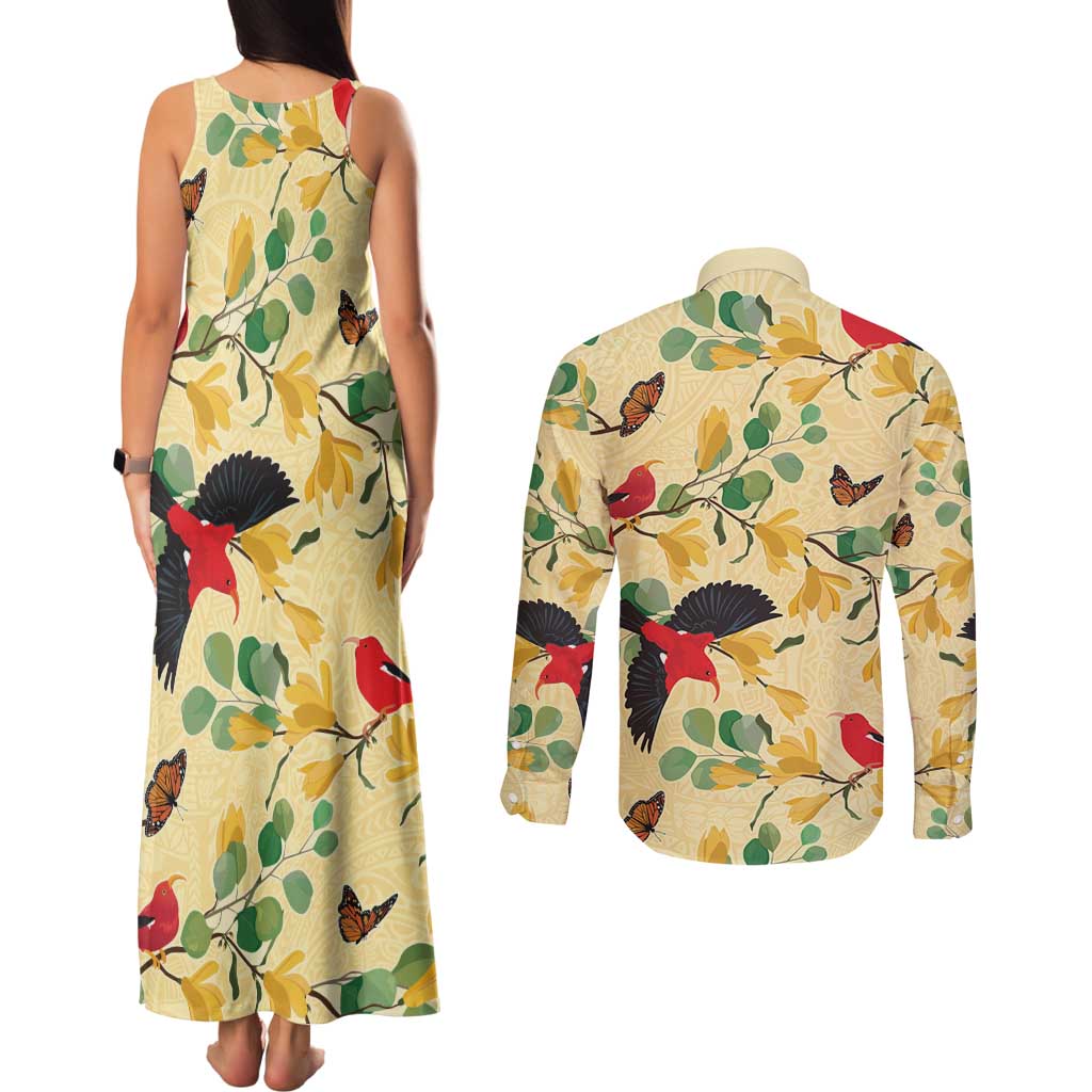 Aloha Hawaii Couples Matching Tank Maxi Dress and Long Sleeve Button Shirt I'iwi on Mamane Pastel Cream LT7 - Polynesian Pride