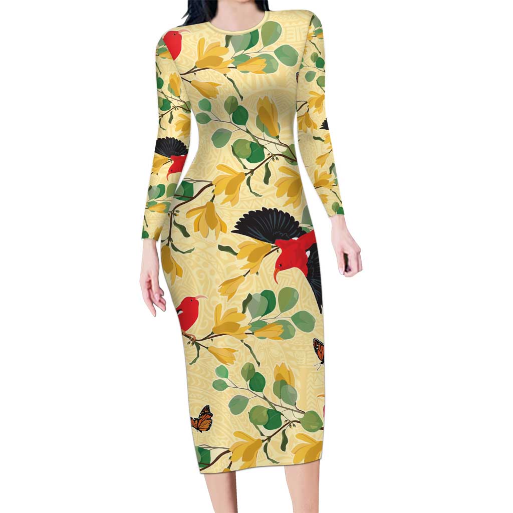 Aloha Hawaii Family Matching Long Sleeve Bodycon Dress and Hawaiian Shirt I'iwi on Mamane Pastel Cream