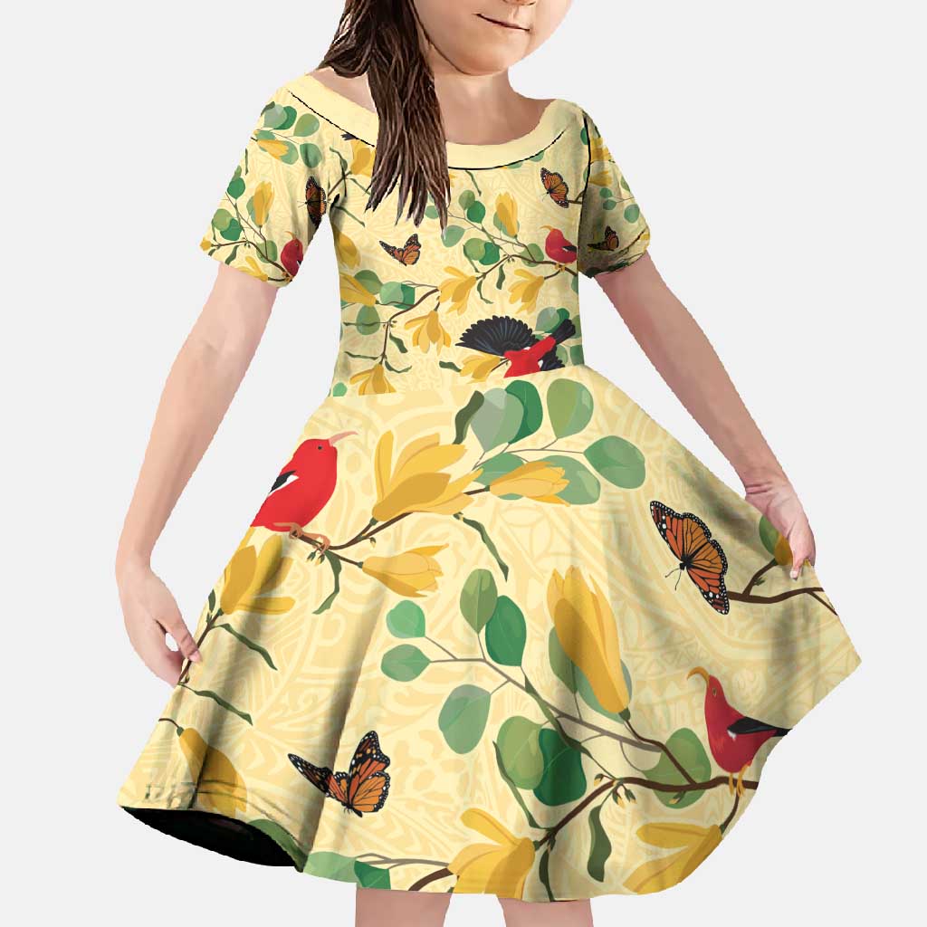 Aloha Hawaii Family Matching Mermaid Dress and Hawaiian Shirt I'iwi on Mamane Pastel Cream LT7 Daughter's Dress Light Yellow - Polynesian Pride