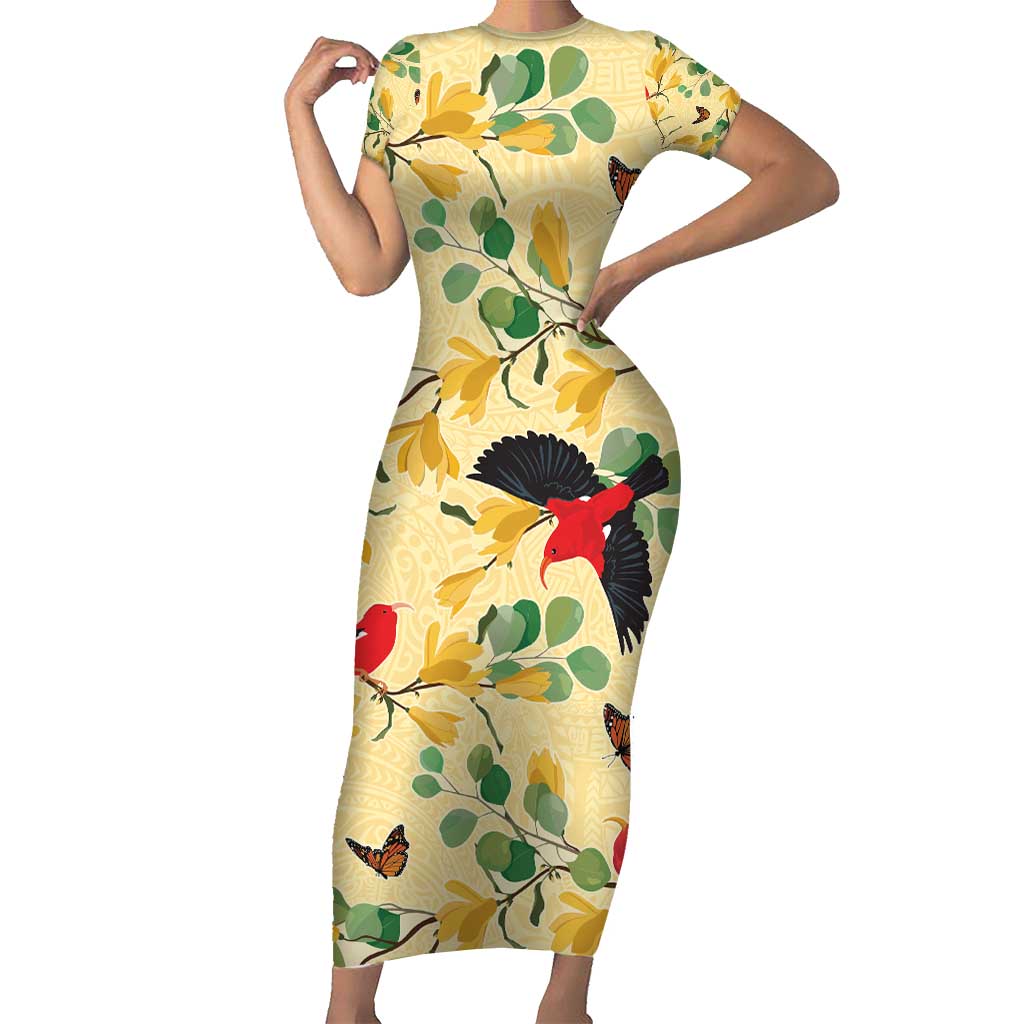 Aloha Hawaii Short Sleeve Bodycon Dress I'iwi on Mamane Pastel Cream LT7 Long Dress Light Yellow - Polynesian Pride