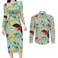 Aloha Hawaii Couples Matching Long Sleeve Bodycon Dress and Long Sleeve Button Shirt I'iwi on Mamane Pastel Turquoise