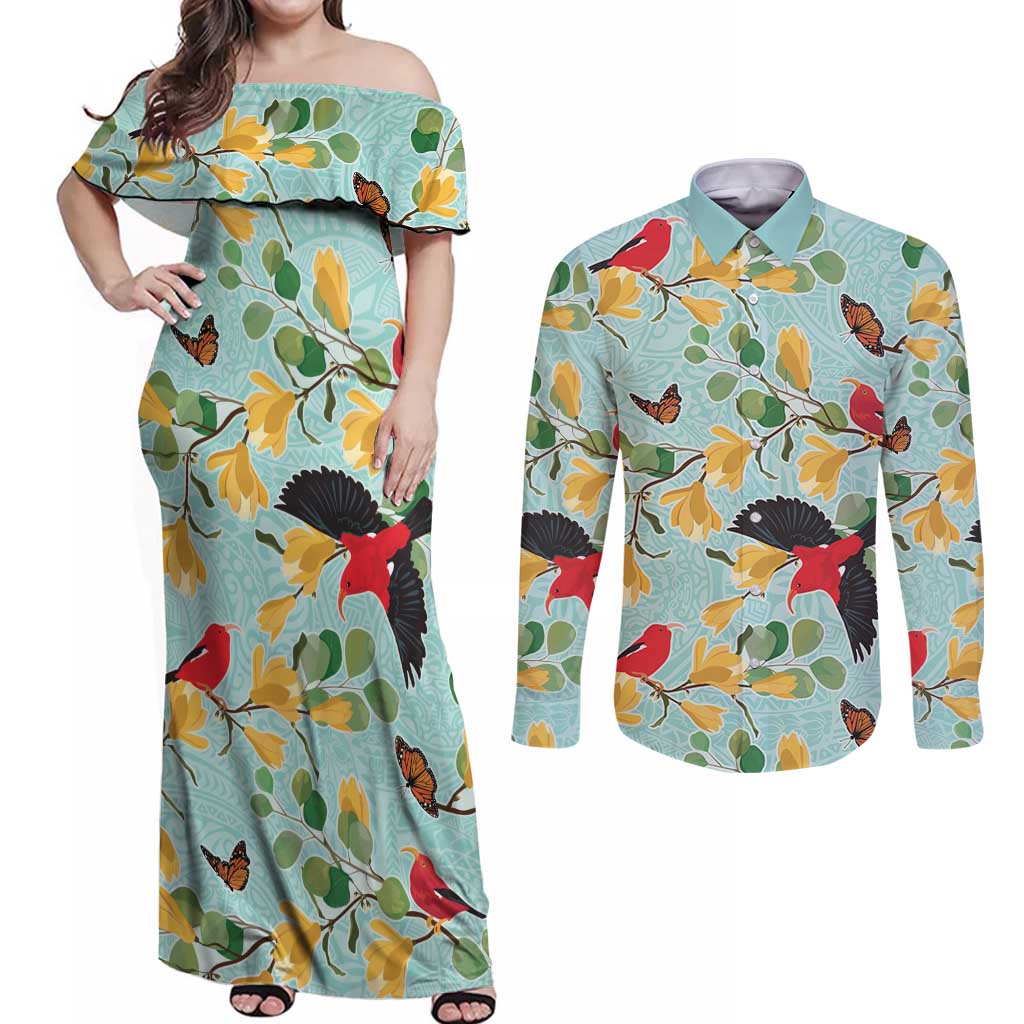 Aloha Hawaii Couples Matching Off Shoulder Maxi Dress and Long Sleeve Button Shirt I'iwi on Mamane Pastel Turquoise